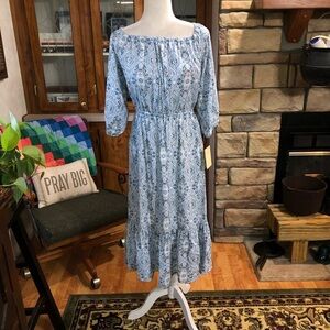 NWT BEBOP SIZE LARGE MULTICOLORED BLUE & WHITE ON/OFF SHOULDER DRESS